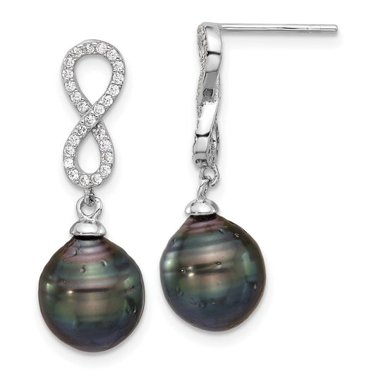 Rhodium-plated Silver Tahitian Pearl CZ Infinity Necklace Earring Set