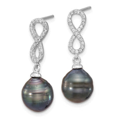 Rhodium-plated Silver Tahitian Pearl CZ Infinity Necklace Earring Set