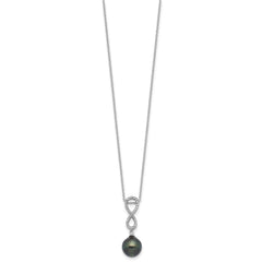 Rhodium-plated Silver Tahitian Pearl CZ Infinity Necklace Earring Set