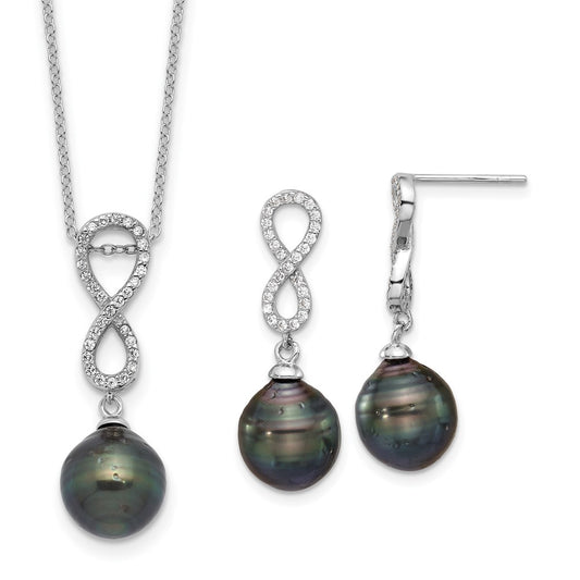 Rhodium-plated Silver Tahitian Pearl CZ Infinity Necklace Earring Set