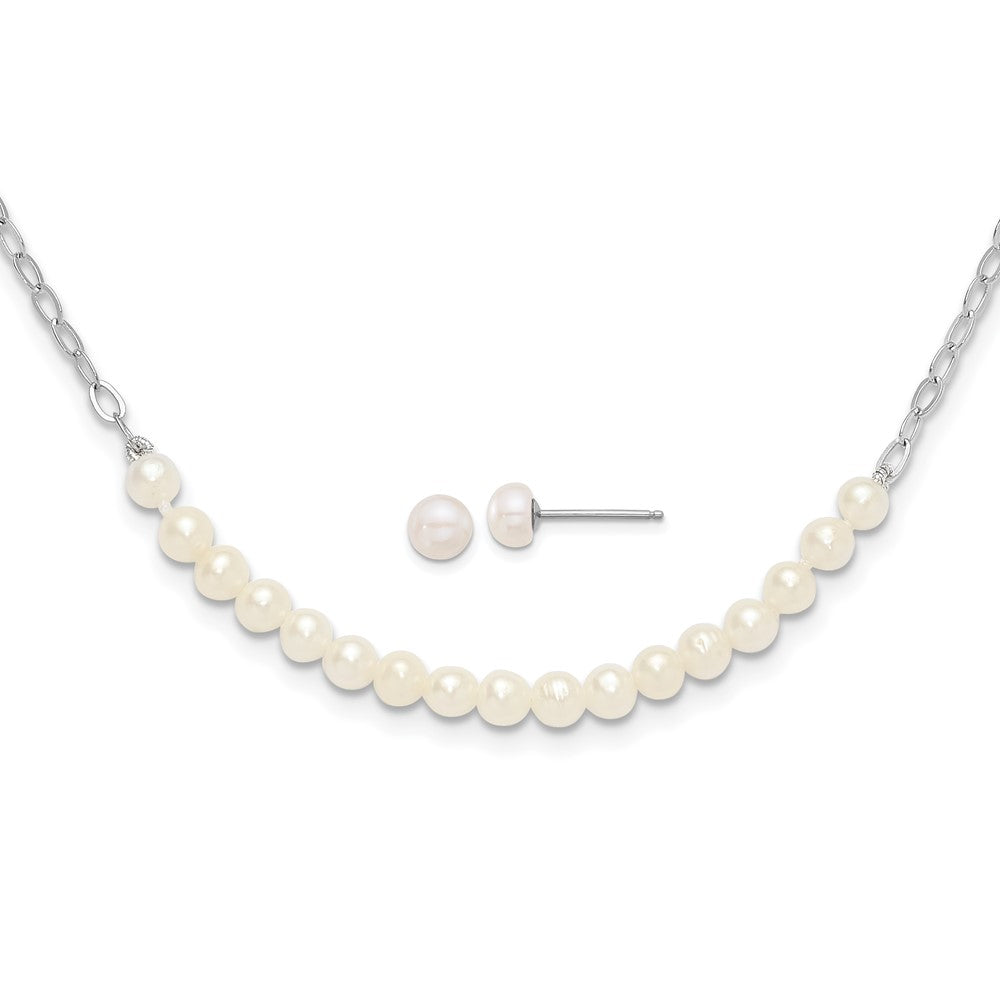 Rhodium-plated Silver White FWC Pearl 18in Necklace Post Earrings Set