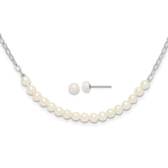 Rhodium-plated Silver White FWC Pearl 18in Necklace Post Earrings Set