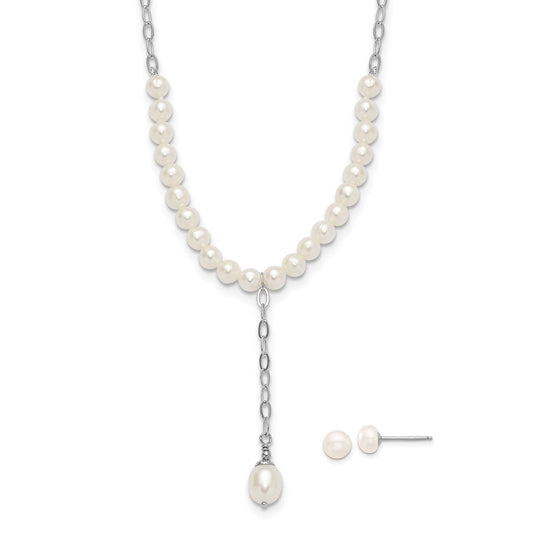 Rhodium-plated Silver FWC Pearl Dangle 18in Necklace Post Earrings Set