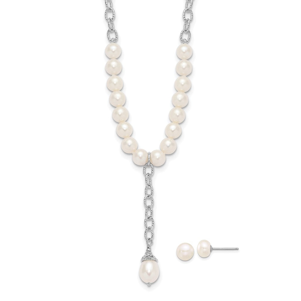 Rhodium-plated Silver FWC Pearl Dangle 18in Necklace Post Earrings Set