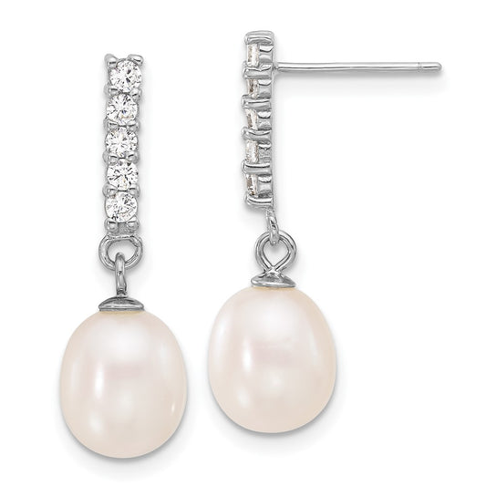 Rhodium-plated Silver FWC Pearl CZ 17in Necklace and Post Earrings Set