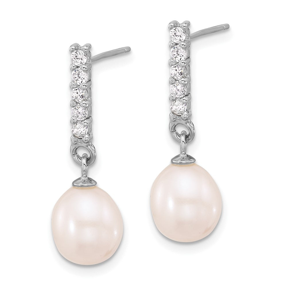 Rhodium-plated Silver FWC Pearl CZ 17in Necklace and Post Earrings Set