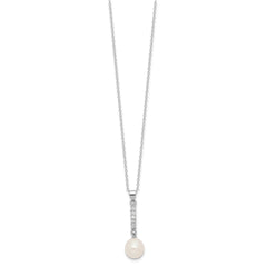 Rhodium-plated Silver FWC Pearl CZ 17in Necklace and Post Earrings Set