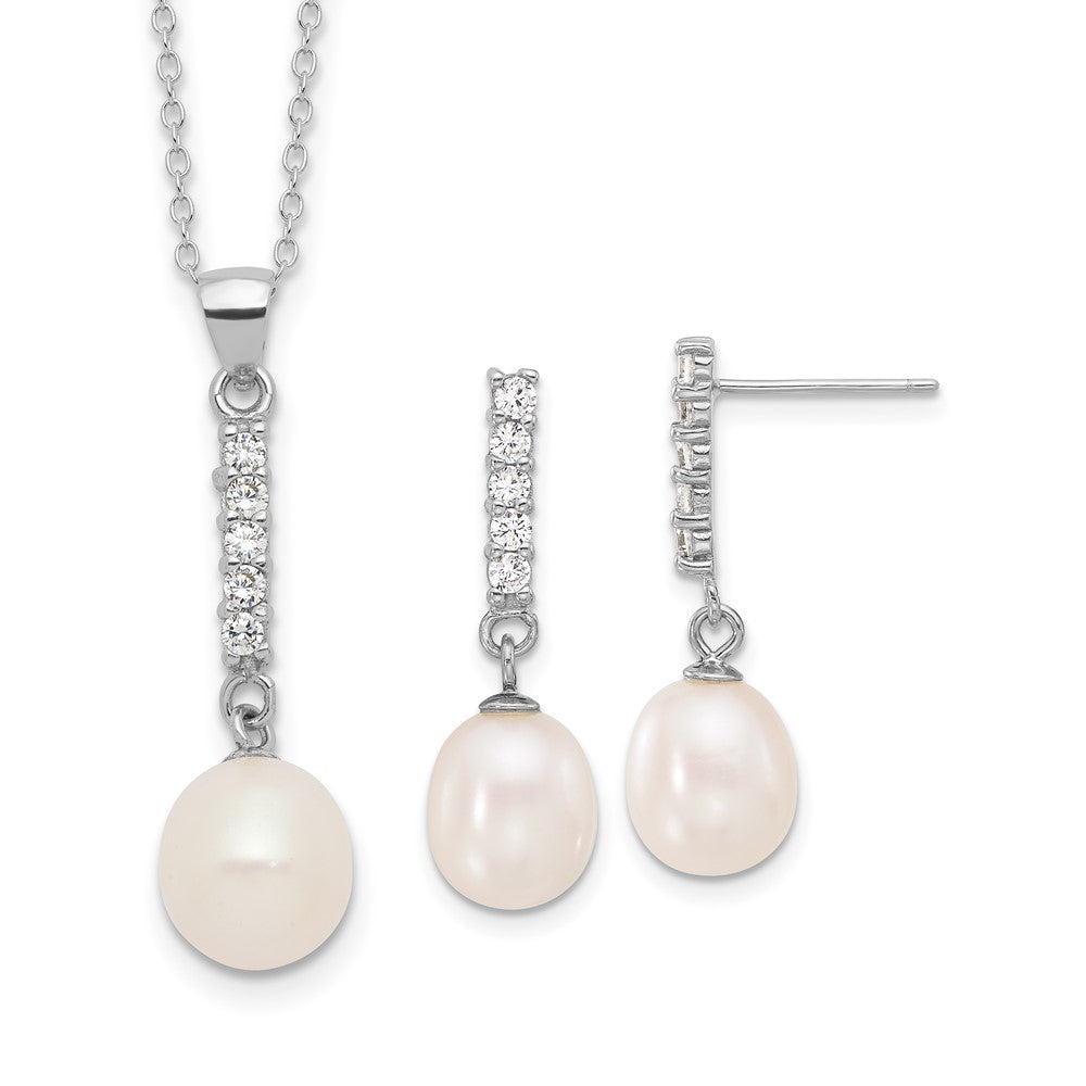 Rhodium-plated Silver FWC Pearl CZ 17in Necklace and Post Earrings Set