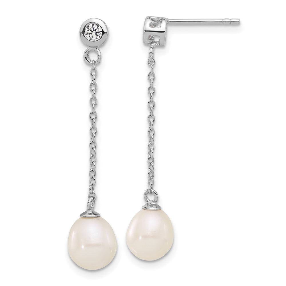 Rhodium-plated Silver 7-8mm FWC Pearl CZ 17in Necklace Earrings Set