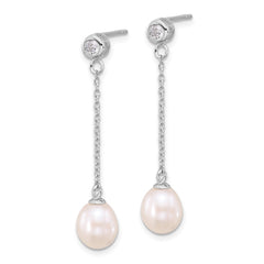 Rhodium-plated Silver 7-8mm FWC Pearl CZ 17in Necklace Earrings Set