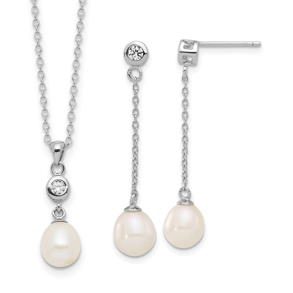 Rhodium-plated Silver 7-8mm FWC Pearl CZ 17in Necklace Earrings Set