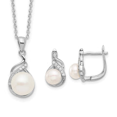 Rhodium-plated Silver 6-9mm FWC Pearl CZ 17in Necklace Earrings Set