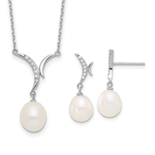 Rhodium-plated Silver 7-9mm FWC Pearl CZ Necklace Post Earrings Set
