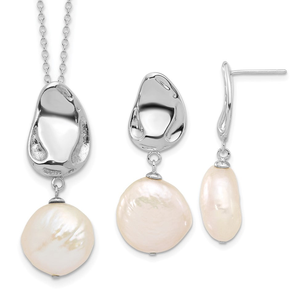 Rhodium-plated Silver 13-14mm FWC Pearl 17in Necklace Earring Set