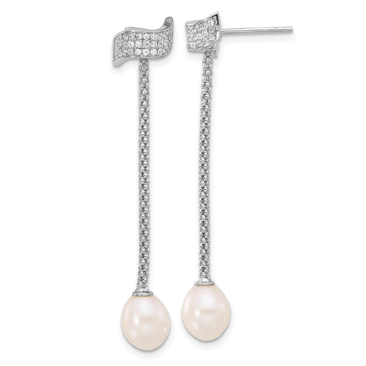 Rhodium-plated Silver FWC Pearl CZ with 2in ext Necklace Earrings Set