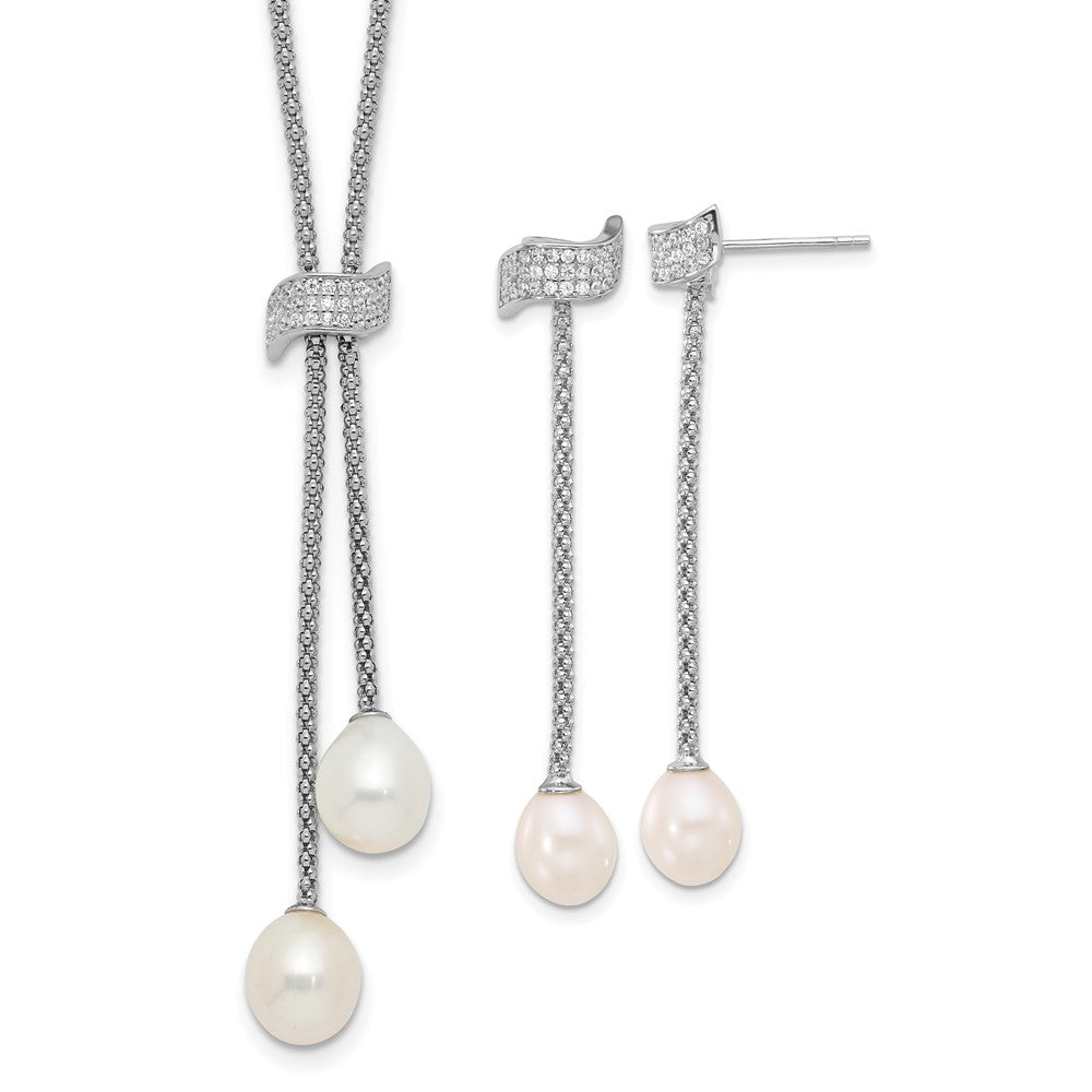 Rhodium-plated Silver FWC Pearl CZ with 2in ext Necklace Earrings Set