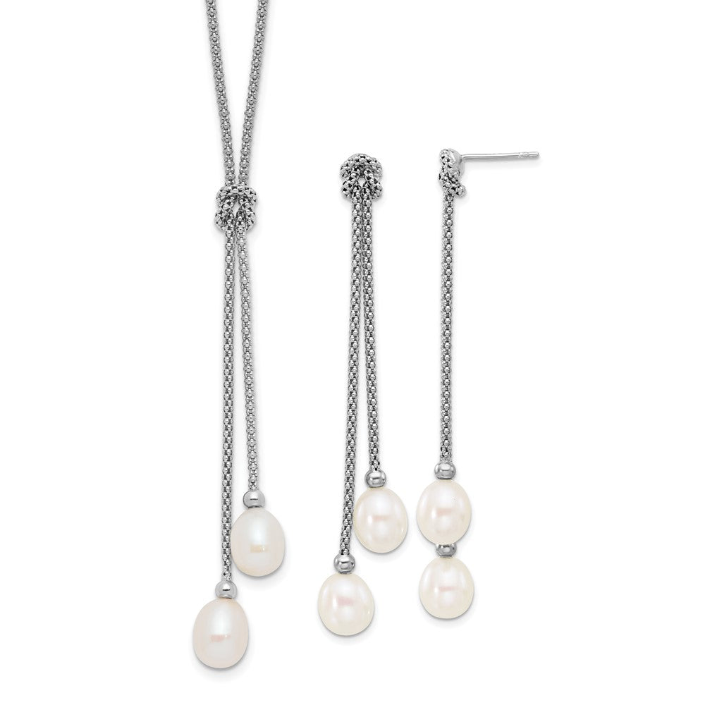 Rhodium-plated Silver FWC Pearl 18in Knot Necklace Post Earrings Set