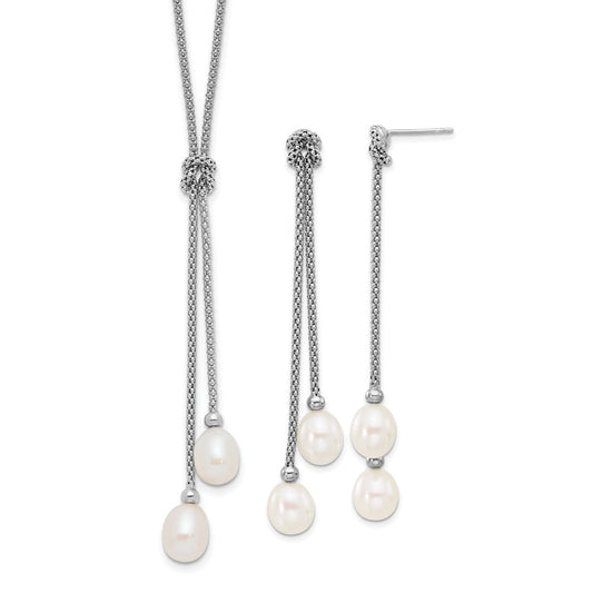 Rhodium-plated Silver FWC Pearl 18in Knot Necklace Post Earrings Set