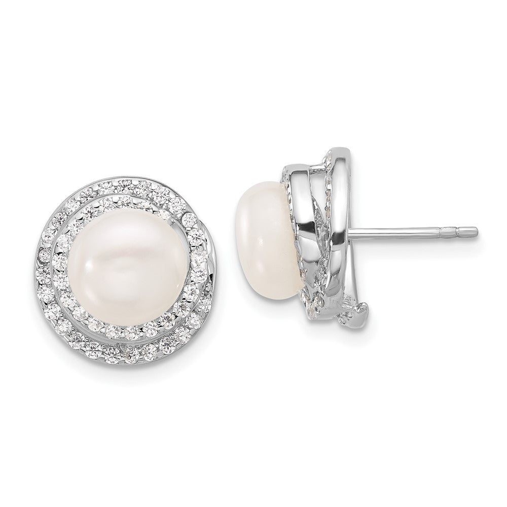 Rhodium-plated Silver FWC Pearl CZ 17in Necklace and Post Earrings Set