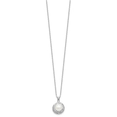 Rhodium-plated Silver FWC Pearl CZ 17in Necklace and Post Earrings Set