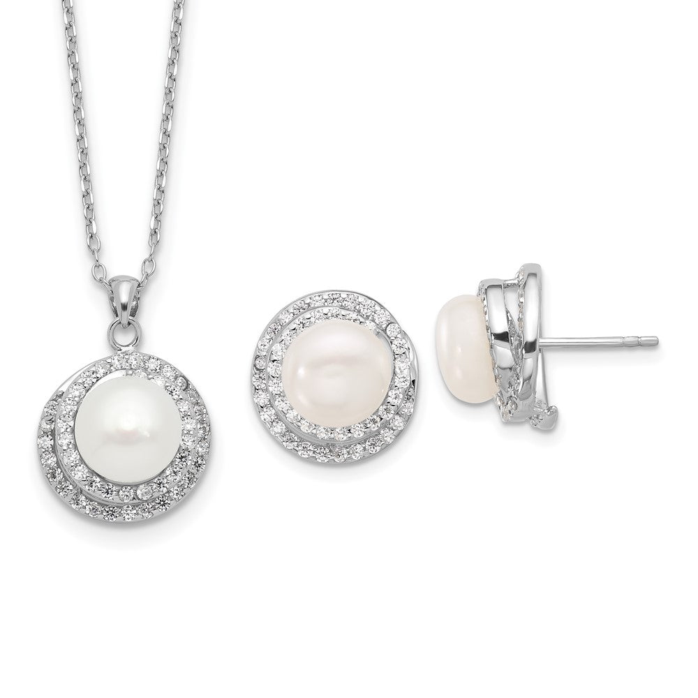 Rhodium-plated Silver FWC Pearl CZ 17in Necklace and Post Earrings Set