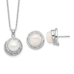 Rhodium-plated Silver FWC Pearl CZ 17in Necklace and Post Earrings Set