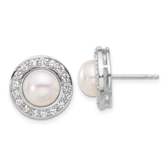 Rhodium-plated Silver FWC Pearl CZ 17in Necklace and Post Earrings Set