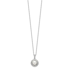 Rhodium-plated Silver FWC Pearl CZ 17in Necklace and Post Earrings Set