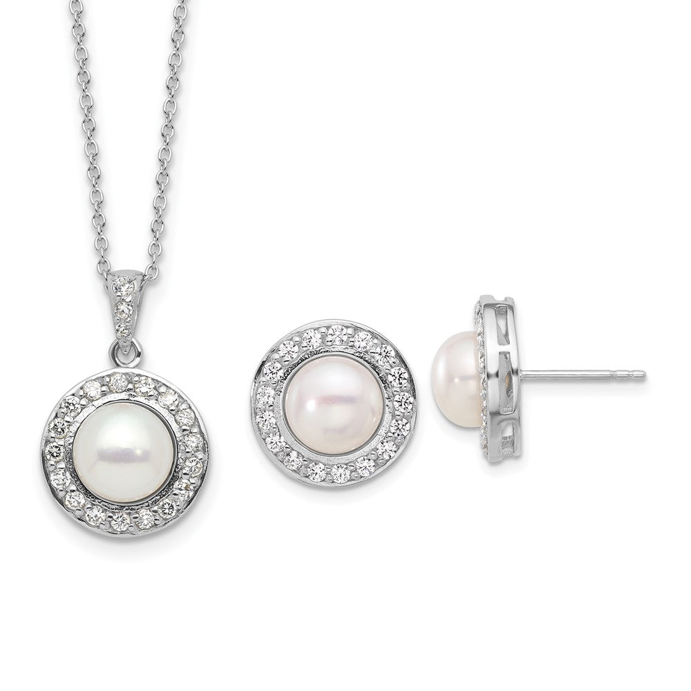 Rhodium-plated Silver FWC Pearl CZ 17in Necklace and Post Earrings Set