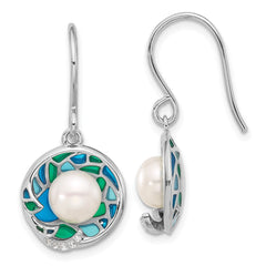 Rhodium-plated Silver Enamel FWC Pearl CZ 17in Necklace Earring Set