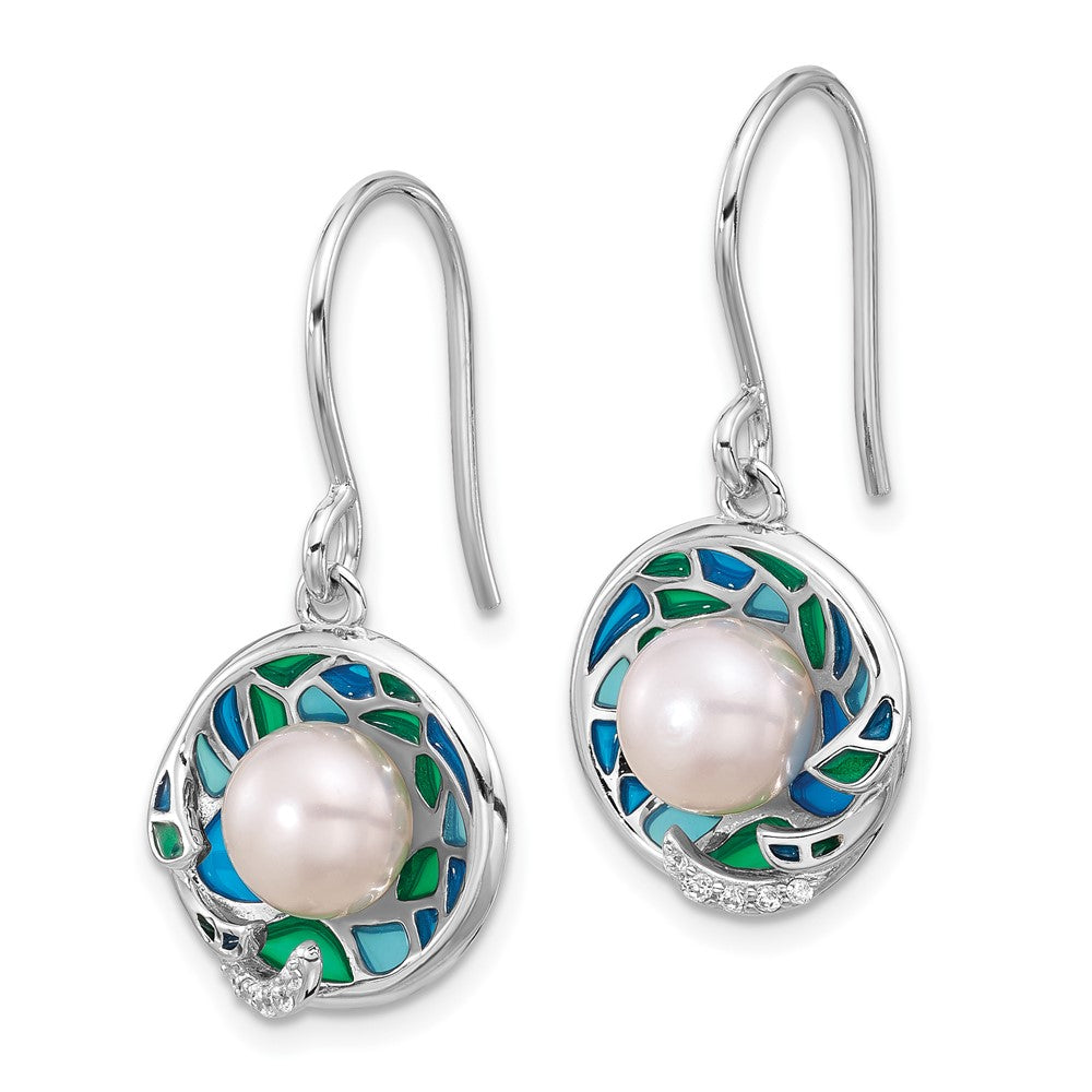 Rhodium-plated Silver Enamel FWC Pearl CZ 17in Necklace Earring Set