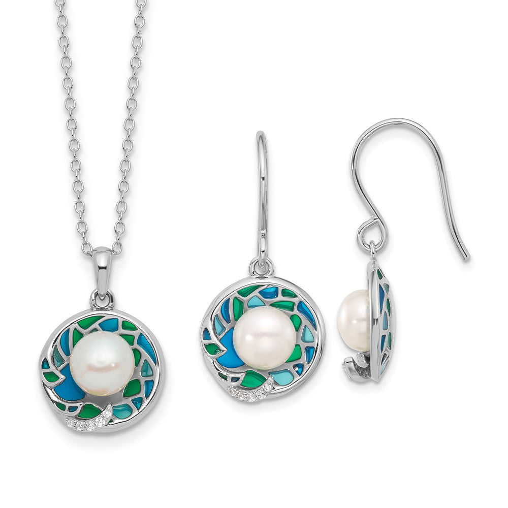 Rhodium-plated Silver Enamel FWC Pearl CZ 17in Necklace Earring Set