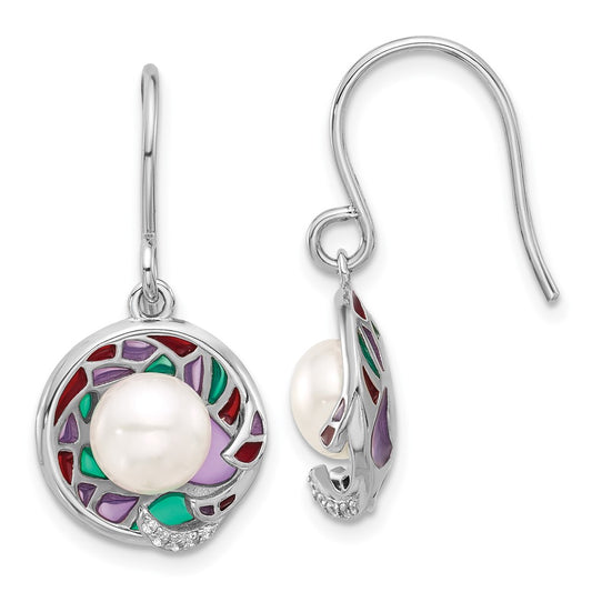 Rhodium-plated Silver Enamel FWC Pearl CZ 17in Necklace Earring Set