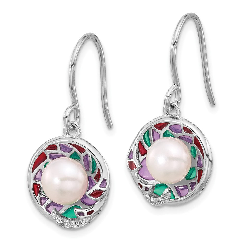 Rhodium-plated Silver Enamel FWC Pearl CZ 17in Necklace Earring Set