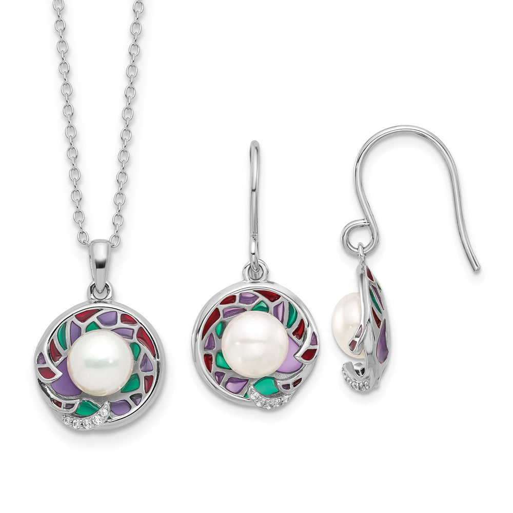 Rhodium-plated Silver Enamel FWC Pearl CZ 17in Necklace Earring Set