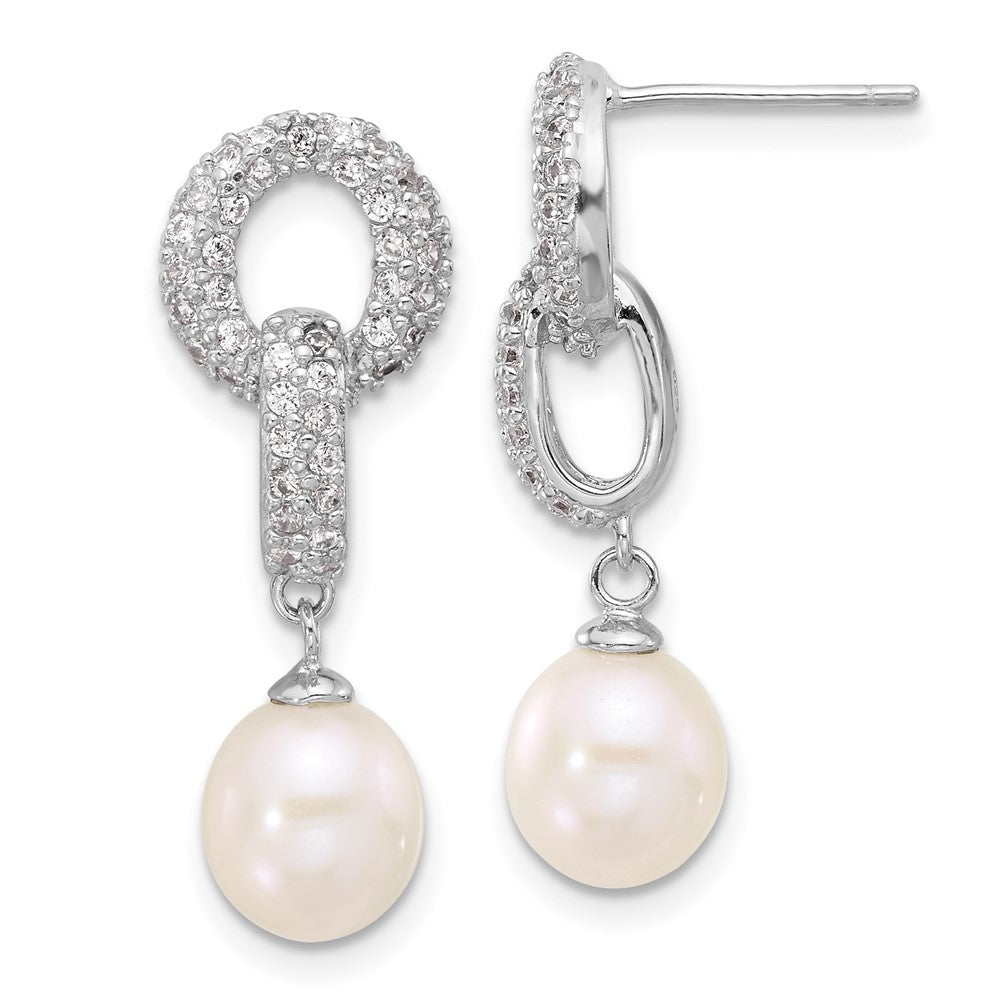 Rhodium-plated Silver 7-9mm FWC Pearl CZ Necklace Post Earrings Set