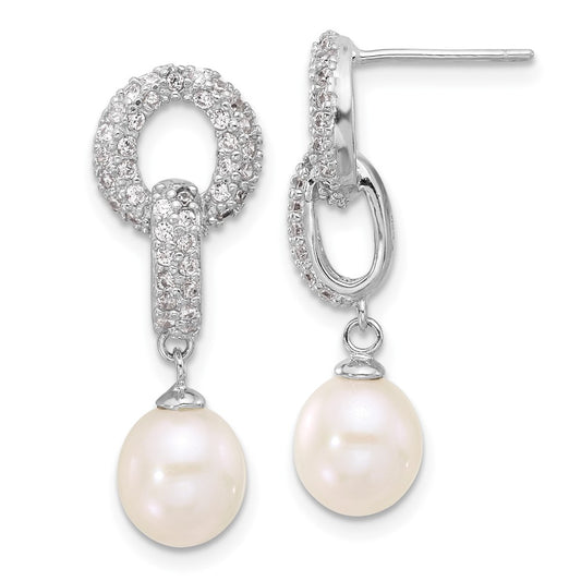 Rhodium-plated Silver 7-9mm FWC Pearl CZ Necklace Post Earrings Set