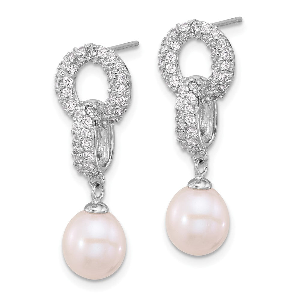 Rhodium-plated Silver 7-9mm FWC Pearl CZ Necklace Post Earrings Set