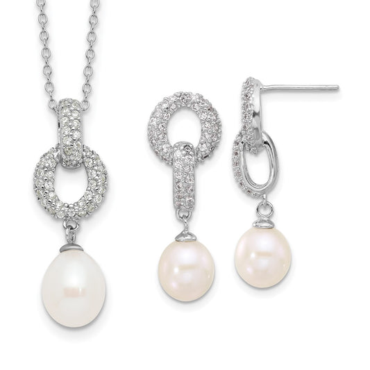 Rhodium-plated Silver 7-9mm FWC Pearl CZ Necklace Post Earrings Set