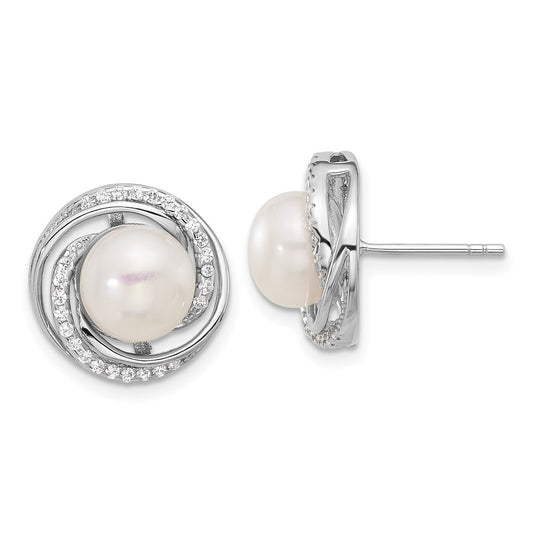 Rhodium-plated Silver 8-10mm FWC Pearl CZ Necklace Post Earrings Set