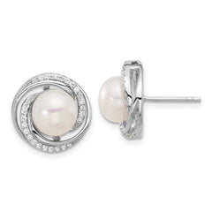Rhodium-plated Silver 8-10mm FWC Pearl CZ Necklace Post Earrings Set