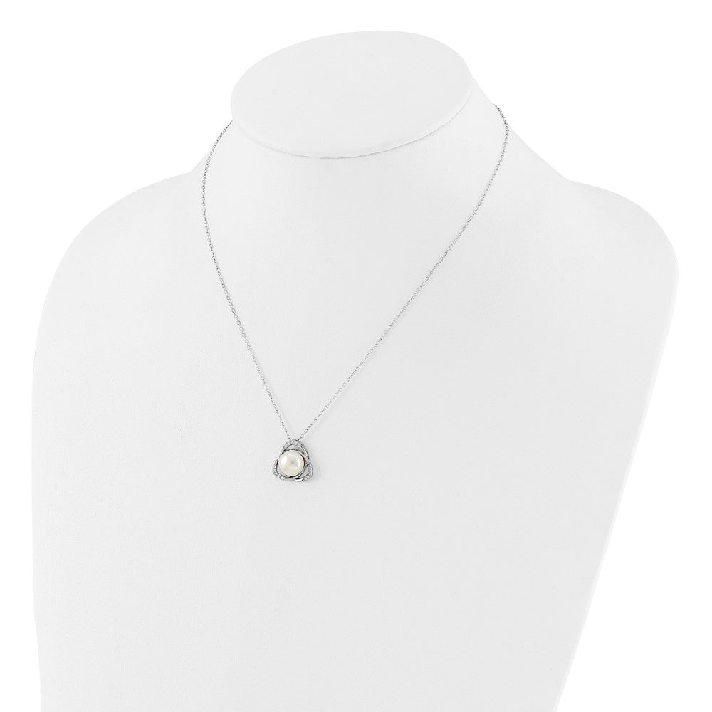 Rhodium-plated Silver FWC Pearl CZ 17in Necklace and Post Earrings Set