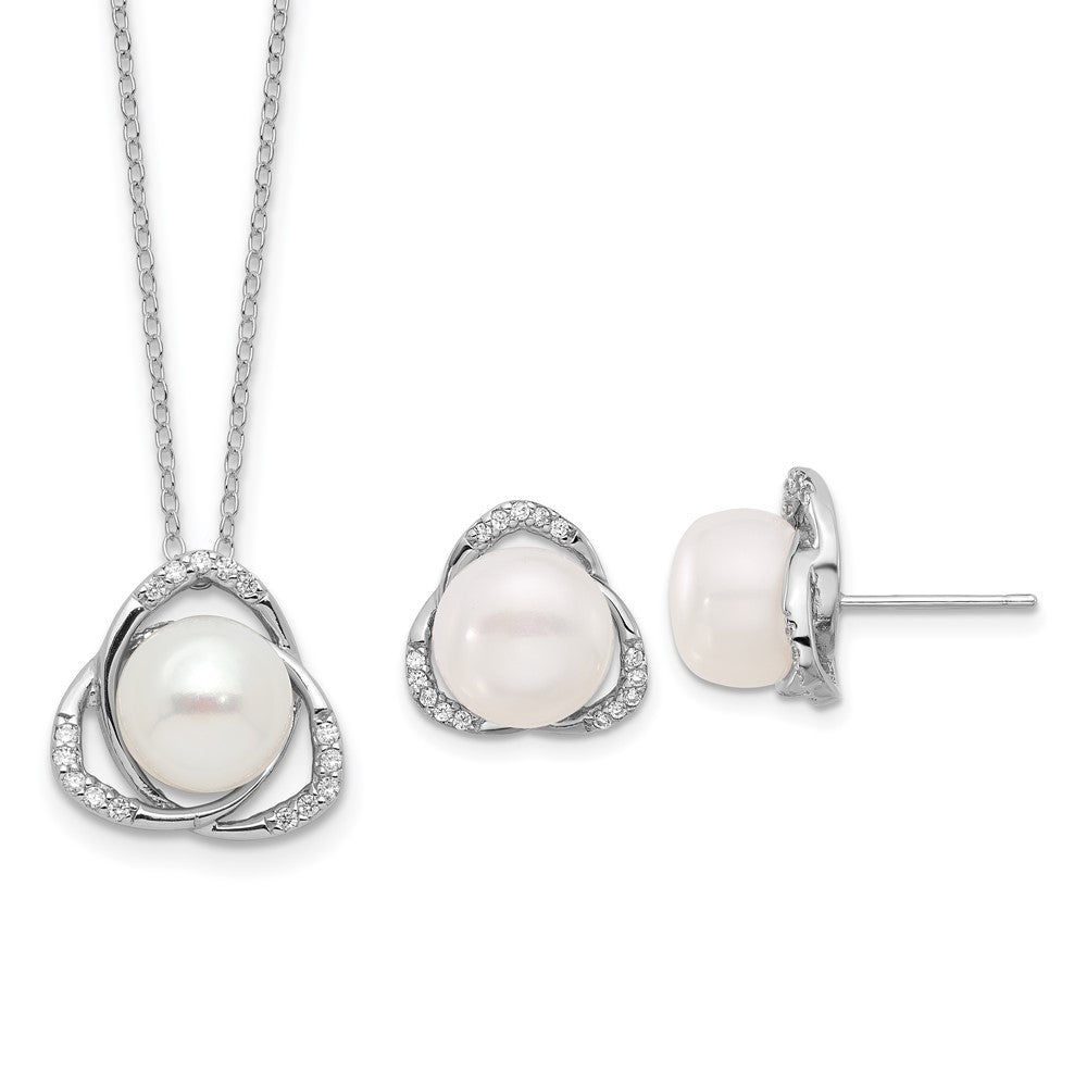 Rhodium-plated Silver FWC Pearl CZ 17in Necklace and Post Earrings Set