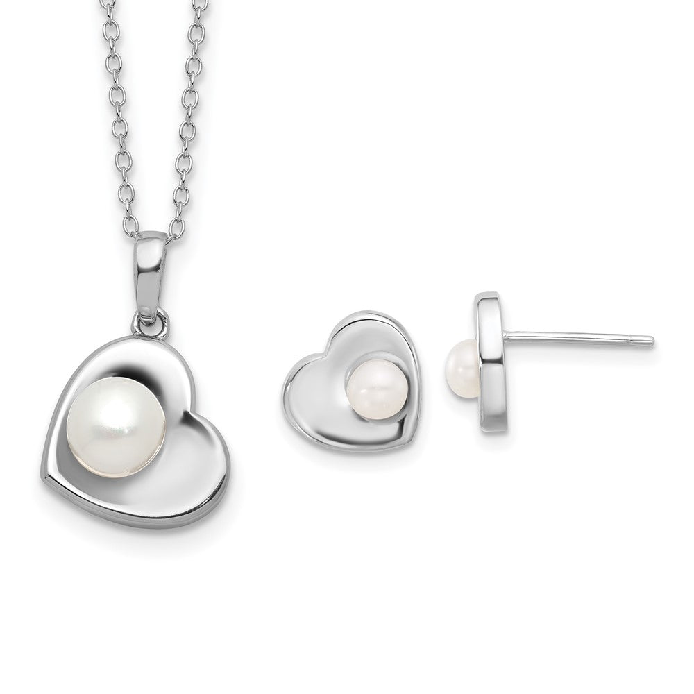 Rhodium-plated Silver 4-7mm FWC Pearl 17.5in Heart Necklace Earring Set