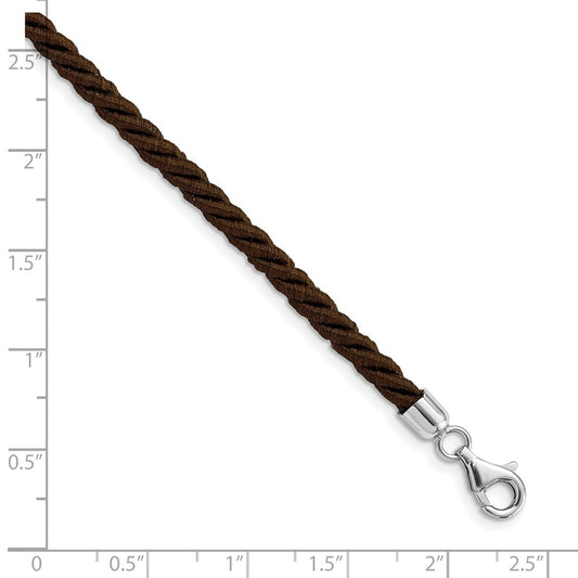 Collar de cordón satinado marrón de 4 mm de plata de ley