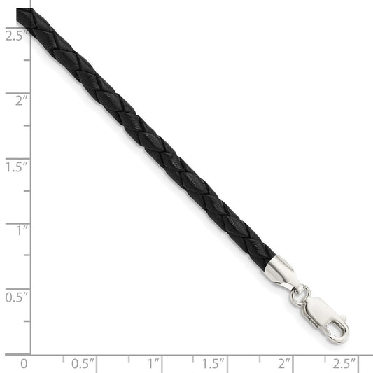 Geflochtene Halskette aus Sterlingsilber, 4 mm, schwarzes Leder