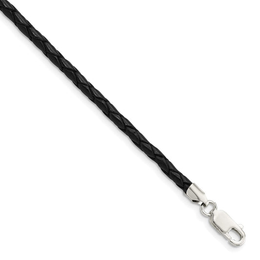 Sterling Silver 3mm Black Leather Braided Necklace