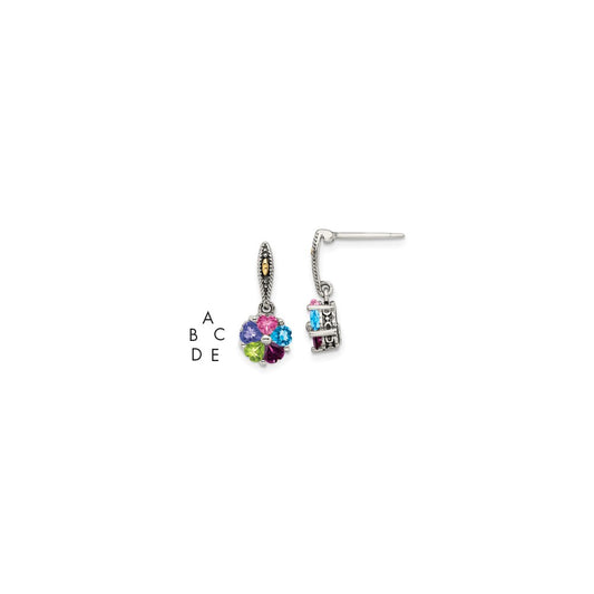 Sterling Silver Antiqued with 14K 5-stone Mother's Earring