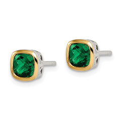 Sterling Silver with 14K Accent Created Emerald Square Stud Earrings
