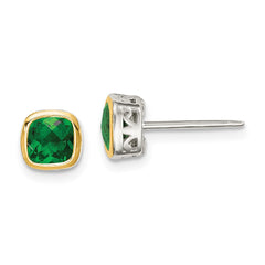 Sterling Silver with 14K Accent Created Emerald Square Stud Earrings